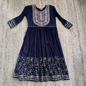 Black and gold Indian style embroidered cotton midi dress